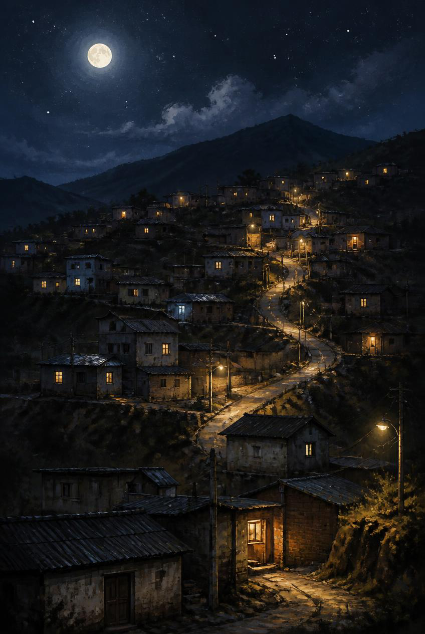 A hillside village of scattered lights, seen from a distance at night