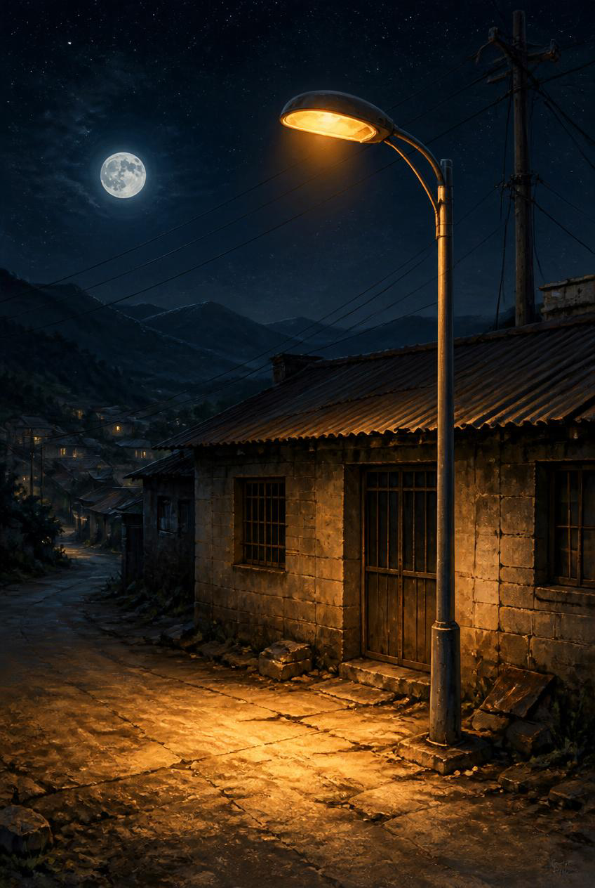 A single street lamp lighting a quiet lane in the village at night